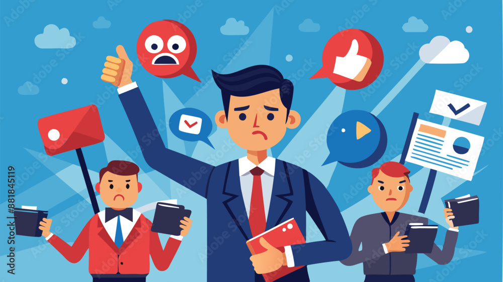Businessman with Megaphone Spreading Fake News and Negative Feedback, Discrediting Others with Thumbs Down Symbol Businessman with Megaphone Spreading Fake News and Negative Feedback, Discrediting Others with Thumbs Down Symbol