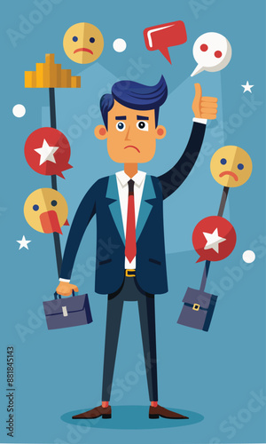 Businessman with Megaphone Spreading Fake News and Negative Feedback, Discrediting Others with Thumbs Down Symbol