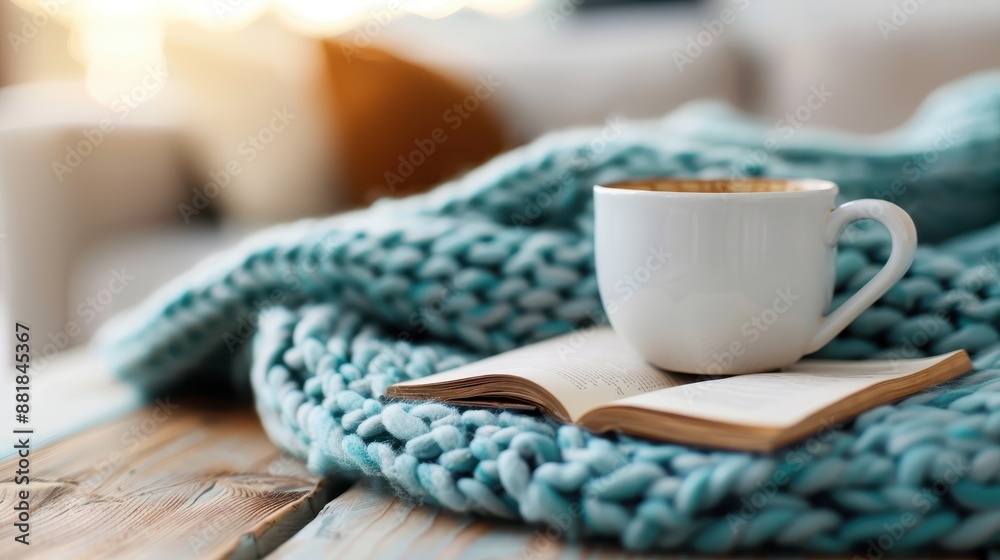 A cozy setting with a cup of coffee placed on an open book, accompanied by a thick knitted blanket, exuding warmth and relaxation in a comfortable home setting. A cozy setting with a cup of coffee placed on an open book, accompanied by a thick knitted blanket, exuding warmth and relaxation in a comfortable home setting.