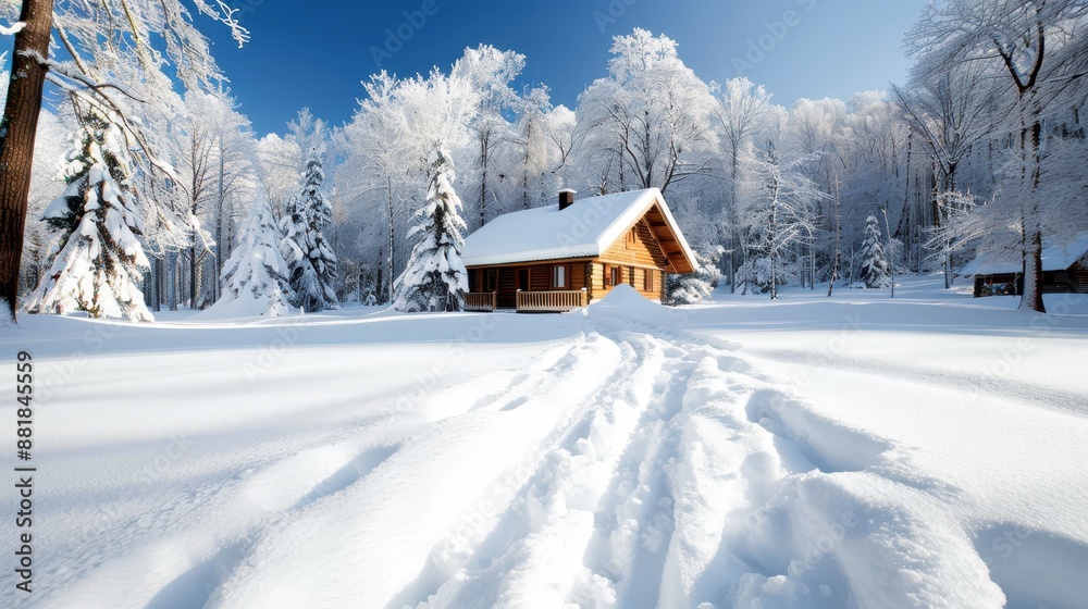 A cozy wooden cabin stands amidst a serene snow-covered pine forest, with clear blue skies above, evoking a sense of peace, solitude, and winter tranquility in nature's embrace. A cozy wooden cabin stands amidst a serene snow-covered pine forest, with clear blue skies above, evoking a sense of peace, solitude, and winter tranquility in nature's embrace.