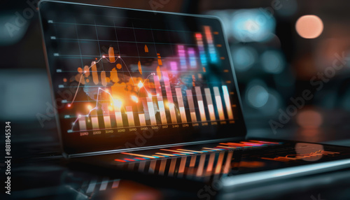 High-tech workspace with professional using holographic tablet for data analysis