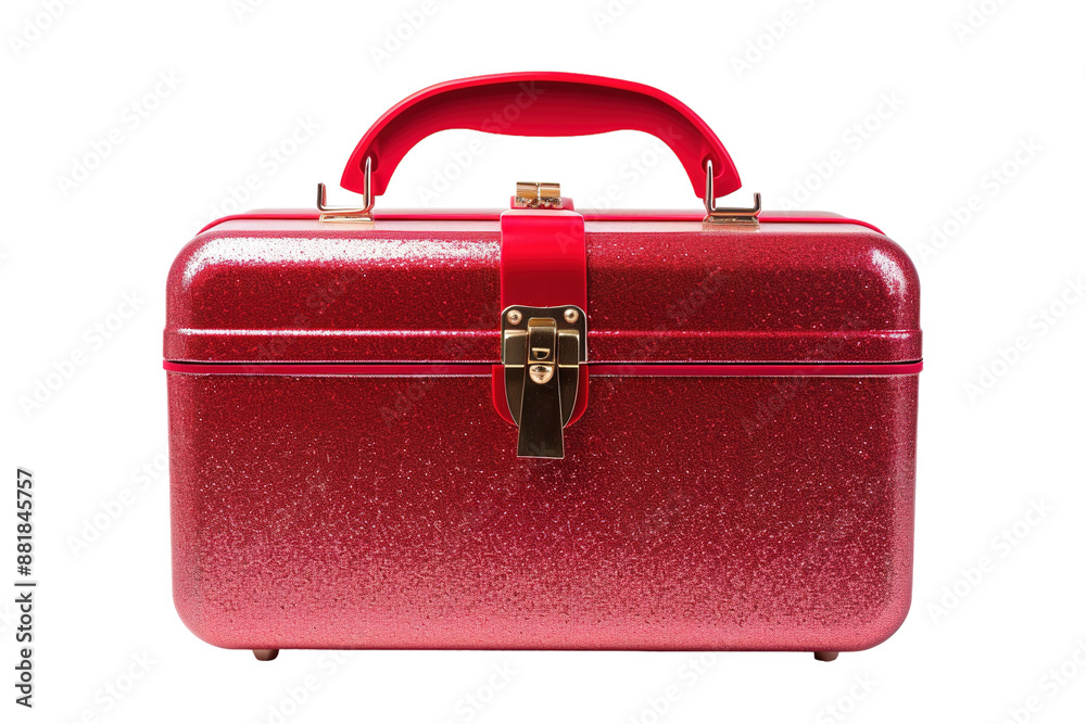 A classic red carry-on suitcase with a sparkly finish and a golden lock rests on a white background. It is ready for any journey, whether it be a romantic getaway or an adventure across the globe. A classic red carry-on suitcase with a sparkly finish and a golden lock rests on a white background. It is ready for any journey, whether it be a romantic getaway or an adventure across the globe.
