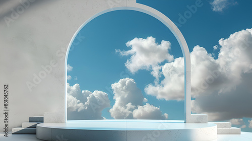  3D blue rendering with podium and minimal cloudy scene ,Minimal product display background 3d render of geometric shape sky blue pastel cloud with flying blue balloons © Nasim