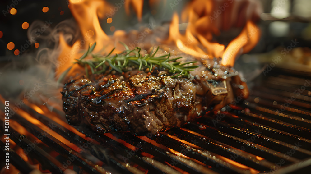 Tomahawk steak with rosemary, grill marks prominent, with fiery flames and smoky tendrils creating a dramatic outdoor setting
Tomahawk steak with rosemary, grill marks prominent, with fiery flames and smoky tendrils creating a dramatic outdoor setting