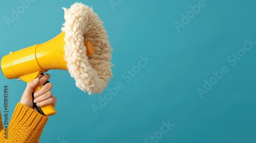 This artistic image features a yellow megaphone with a fuzzy cover being held up against a teal background, symbolizing communication and expressiveness in a unique and creative fashion.