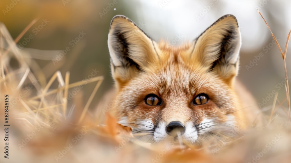 This image showcases a close-up of a red fox lying down in dry grass, captured in high detail with its large, expressive eyes looking directly ahead, creating an intense gaze. This image showcases a close-up of a red fox lying down in dry grass, captured in high detail with its large, expressive eyes looking directly ahead, creating an intense gaze.