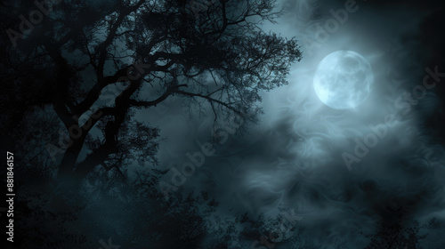 Silhouette of tree branches against a full moon in a foggy night sky. Mystical atmosphere, Halloween, nature background, nighttime scene, eerie ambiance, dark forest.