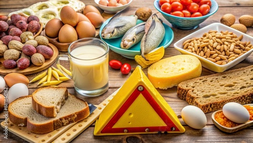 A colorful kid's table setting features a variety of common allergenic foods like peanuts, eggs, gluten bread, fish, and dairy products, surrounded by caution signs.