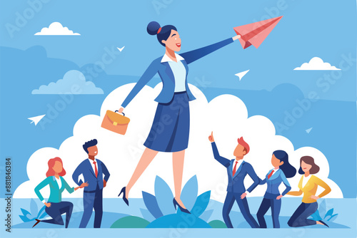 Confident Businesswoman Leading Company to Success, Pointing Direction for Flying Paper Airplane to Reach Target Goal
