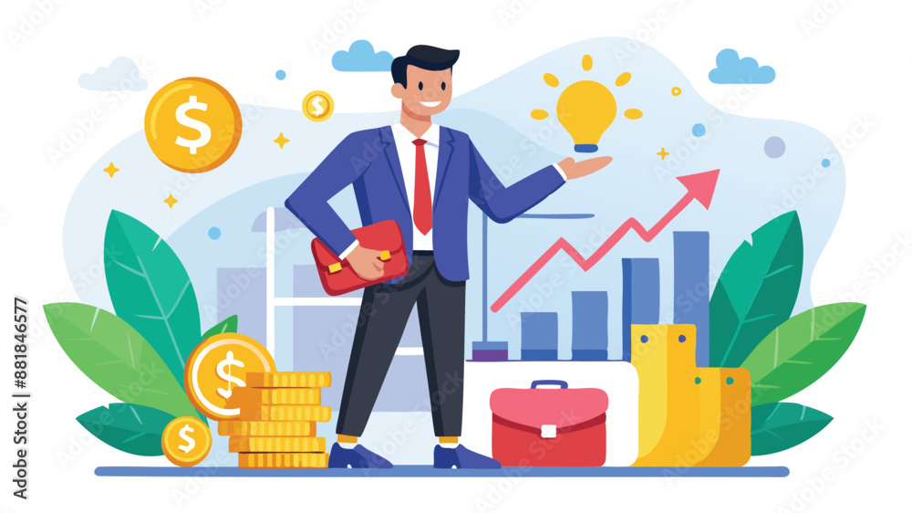 Confident Sales Professional Earning Profit and Planning Financial Success with Growth Chart and Money Confident Sales Professional Earning Profit and Planning Financial Success with Growth Chart and Money
