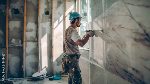 Builder installing marble siding on a new house being renovated