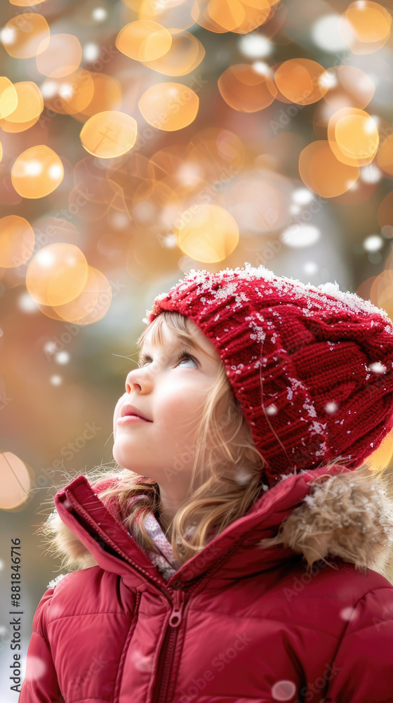 Young girl in red coat and hat looks up at falling snowflakes Young girl in red coat and hat looks up at falling snowflakes