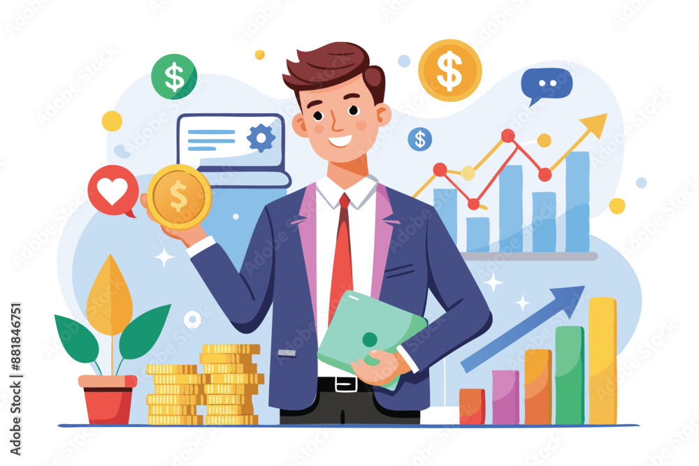 Confident Sales Professional Earning Profit and Planning Financial Success with Growth Chart and Money Confident Sales Professional Earning Profit and Planning Financial Success with Growth Chart and Money