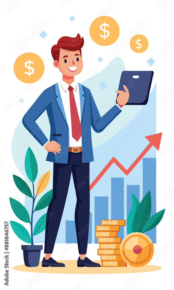 Confident Sales Professional Earning Profit and Planning Financial Success with Growth Chart and Money Confident Sales Professional Earning Profit and Planning Financial Success with Growth Chart and Money