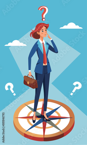 Confused Businesswoman Standing on Compass, Struggling to Choose Direction, Lost and Uncertain About Career Path Concept