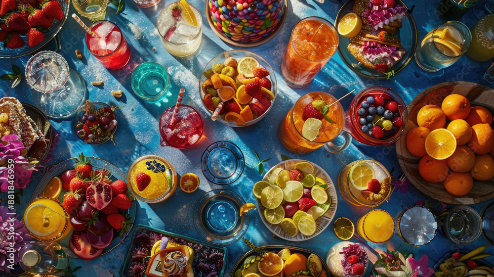 Fototapeta premium Colorful fruits, drinks, and desserts create a festive summer table setting
