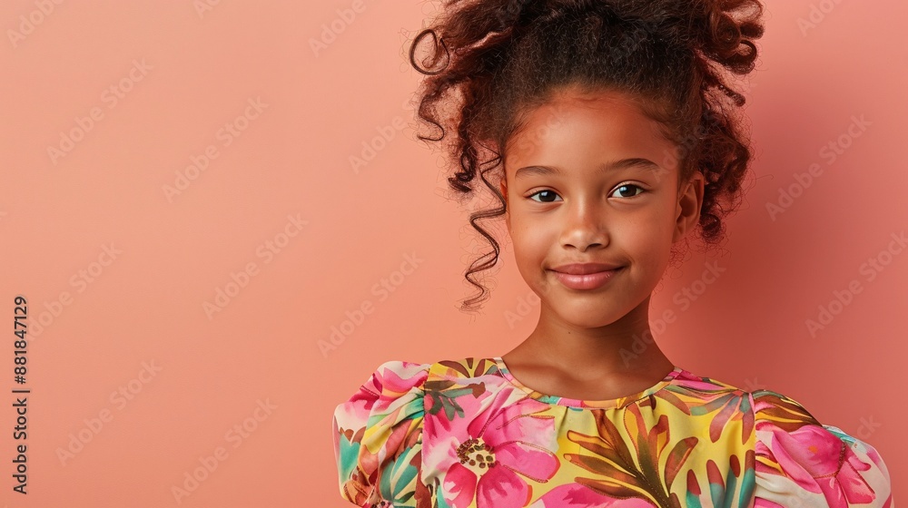 Cheerful young girl posing confidently in a stylish dress, set against a pink backdrop, with high detail and sharp clarity Cheerful young girl posing confidently in a stylish dress, set against a pink backdrop, with high detail and sharp clarity