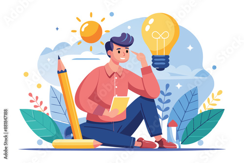 Creative Man Holding Pencil, Thinking About Innovative Ideas and Solutions on Illuminated Lightbulb