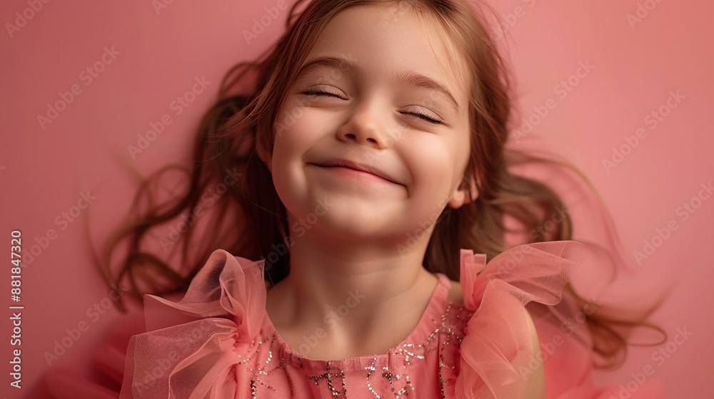 Delightful young girl in a charming dress, beaming with joy on a pink backdrop, photographed with exceptional detail and clarity Delightful young girl in a charming dress, beaming with joy on a pink backdrop, photographed with exceptional detail and clarity