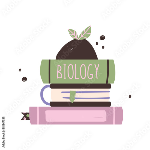 Back to school. clip art textbooks about biology and plant on the book. Flat hand drawn vector illustration.