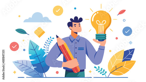 Creative Man Holding Pencil, Thinking About Innovative Ideas and Solutions on Illuminated Lightbulb