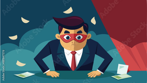 Dishonest Businessman Hiding Behind Disguise Mask and Lying to Conceal Fraud and Scam