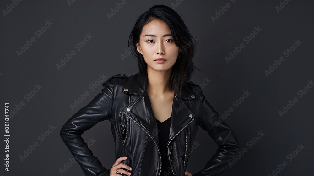 Highly detailed image of a chic Asian woman in a leather jacket, hands on hips, presenting a strong and fashionable stance Highly detailed image of a chic Asian woman in a leather jacket, hands on hips, presenting a strong and fashionable stance
