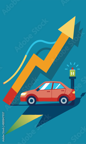 Electric Car with Plug-in Cruising on Rising Green Stock Market Arrow, EV Profit Soaring in New Economy Concept