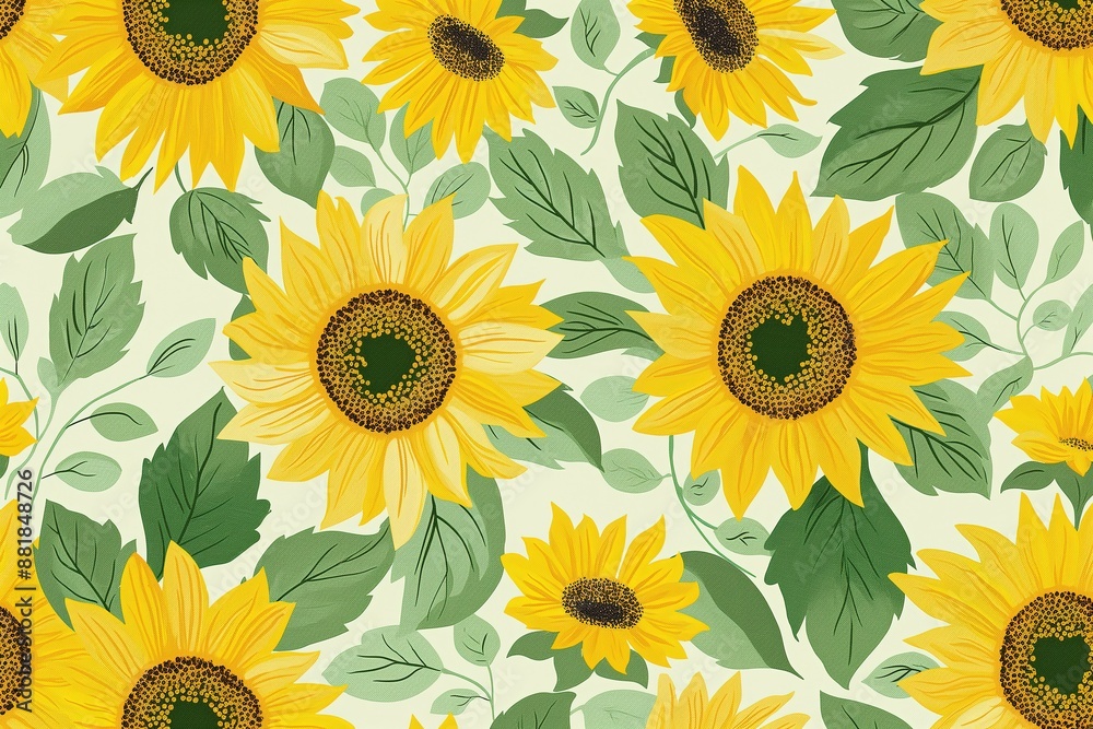 Obraz premium Seamless pattern with flowers and leaves. Hand drawn background. Floral pattern for wallpaper, fabric, textile, fashion, print, Sunny Daisy Elegance, Sunflower Yellow and Sage Green, Graceful Floral