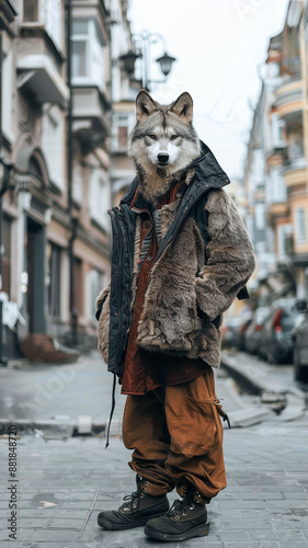 Wolf in human clothes walks city street