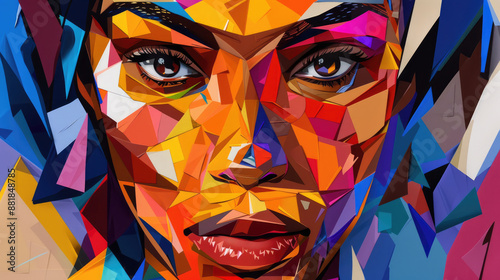 A close-up of a woman's face rendered in a vibrant, colorful, geometric style