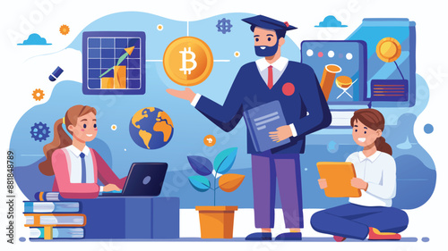 Expert Explaining Blockchain Technology and Bitcoin Cryptocurrency, Knowledge and Education Concept