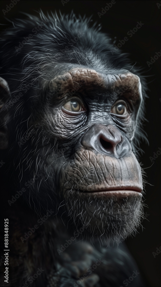 Close-up portrait of an australopithecus in dark setting Close-up portrait of an australopithecus in dark setting