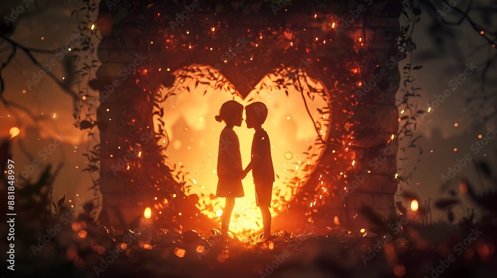 Silhouette of a Couple in Love Under a Heart-Shaped Archway