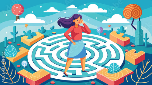 Frustrated Woman Finding Path to Happiness and Optimism in Labyrinth Puzzle, Depicting Search for Positive Thinking