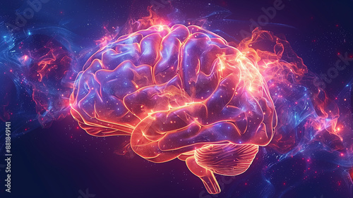 A digital rendering of a human brain set against a cosmic background