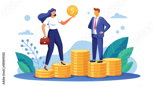 Gender Pay Gap Illustrated, Businessman Standing on Higher Salary Coin Stack than Woman's Smaller Income