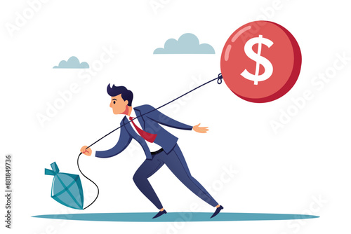 Government businessman throwing anchor tied to dollar balloon, representing monetary policy to control inflation and maintain economic stability