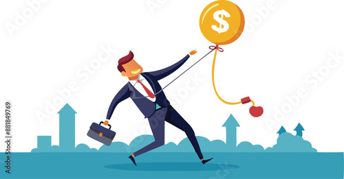 Government businessman throwing anchor tied to dollar balloon, representing monetary policy to control inflation and maintain economic stability