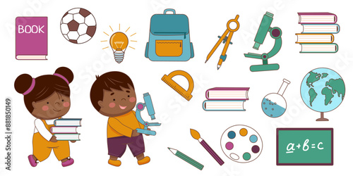 Childrens school collection. Childrens school elements. Back to school concept. Children supplies cute.
