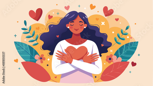 Happy woman hugging herself with hearts, symbolizing self-care, well-being, and a balanced lifestyle for managing stress and maintaining health