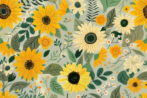 Seamless pattern with flowers and leaves. Hand drawn background. Floral pattern for wallpaper, fabric, textile, fashion, print, Rustic Floral Charm, Sunflower Yellow and Sage Green, Graceful Daisy