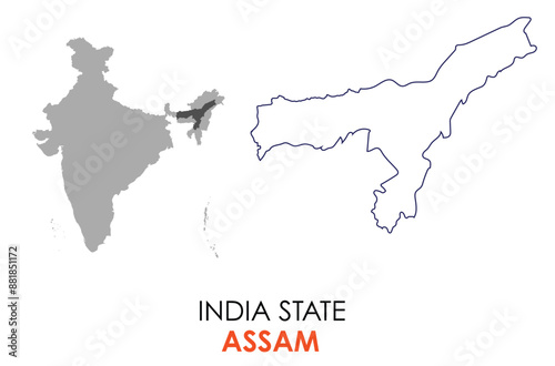 Assam map of Indian state. Assam map vector illustration. Assam vector map on white background.