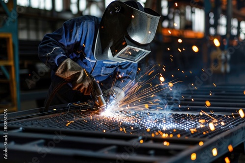 Industrial worker with protective mask welding steel structure in factory. Metalwork manufacturing and construction maintenance service concept