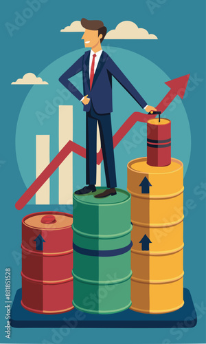 Oil Price Rising, Businessman Standing on Gasoline Gallon Stack with Graph Showing High Demand and Growth