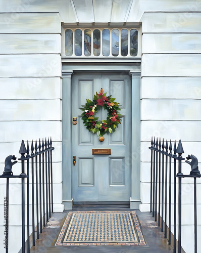 Festive London Door with Xmas Wreath