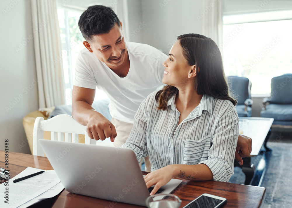 Couple, happy and laptop connection with documents for family expenses, savings spreadsheet and budget plan in home. Computer, man and woman for mortgage research, online investing and tax paperwork Couple, happy and laptop connection with documents for family expenses, savings spreadsheet and budget plan in home. Computer, man and woman for mortgage research, online investing and tax paperwork