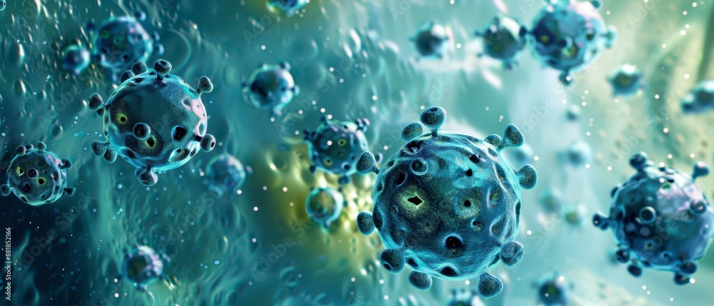 Microscopic View of Coronavirus Particles in a Blue Fluid