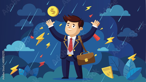 Rich Businessman Collecting Falling Money from Investment Thunderstorm as Passive Income Idea