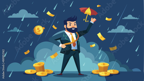 Rich Businessman Collecting Falling Money from Investment Thunderstorm as Passive Income Idea